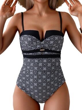 Push Up Wrap Tummy Control Black & White Geometric One-Piece Swimsuit